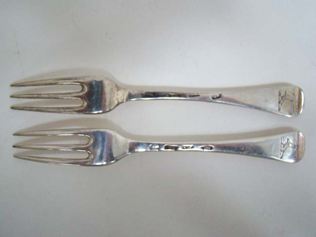 A pair of English sterling silver three prong Dessert Forks, maker S I or I S, London 1736 — image 2